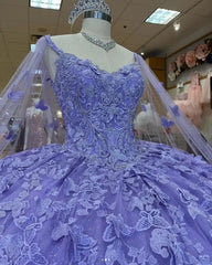 Ball Gown Sweetheart Neck Long Sleeves 3D Butterfly Lace Appliques Beaded Lavender Tulle Quinceanera Dress For Sweet 16
