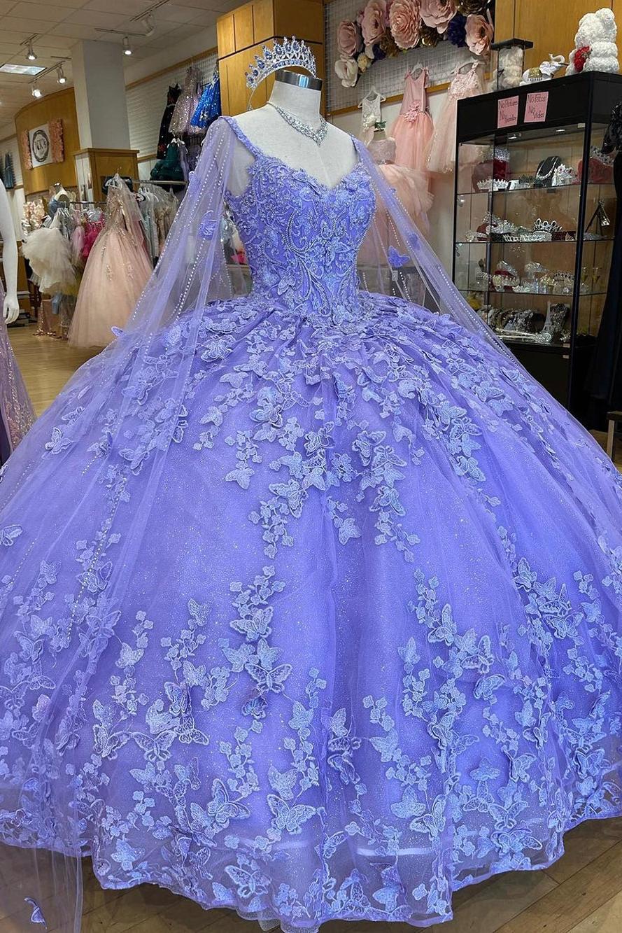 Ball Gown Sweetheart Neck Long Sleeves 3D Butterfly Lace Appliques Beaded Lavender Tulle Quinceanera Dress For Sweet 16