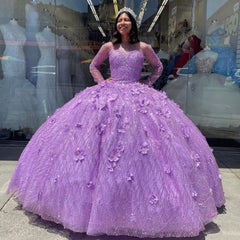 Ball Gown Sweetheart Neck Long Sleeves 3D Floral Appliques Lilac Tulle Princess Gown Quinceanera Dress For Sweet 16