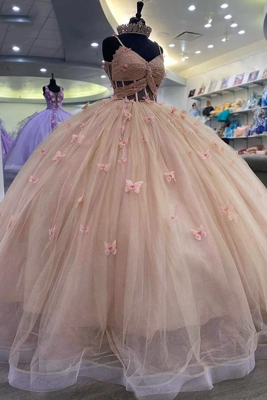 Ball Gown Sweetheart Neck Spaghetti Straps Sleeveless 3D Butterfly Appliques Beaded Dusty Pink Tulle Quinceanera Dress Birthday Party Gowns For Sweet 16