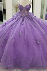 Ball Gown Sweetheart Neck Spaghetti Straps Sleeveless Beaded 3D Flower Appliques Pleated Bow Knot Sparkly Lilac Tulle Quinceanera Dress Princess Birthday Party Dress For Sweet 16