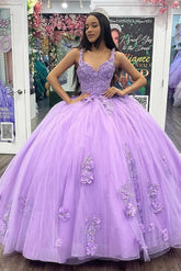 Ball Gown Sweetheart Neck Straps Sleeveless Lace Appliques Lilac Tulle Quinceanera Dress Princess Birthday Party Gown For Sweet 16