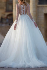 Ball Gown Tulle Wedding Dress with Long Sleeves and V Neck