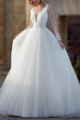 Ball Gown Tulle Wedding Dress with Long Sleeves and V Neck