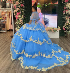 Ball Gown V Neck Beaded Sequins Flower Appliques Tiered Lace Up Sky Blue Tulle Quinceanera Dress Cocktail Dresses Princess Evening Party Gown For Sweet 16
