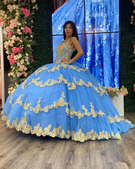 Ball Gown V Neck Beaded Sequins Flower Appliques Tiered Lace Up Sky Blue Tulle Quinceanera Dress Cocktail Dresses Princess Evening Party Gown For Sweet 16