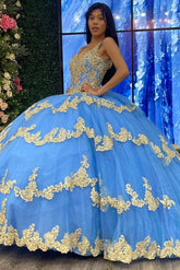 Ball Gown V Neck Beaded Sequins Flower Appliques Tiered Lace Up Sky Blue Tulle Quinceanera Dress Cocktail Dresses Princess Evening Party Gown For Sweet 16
