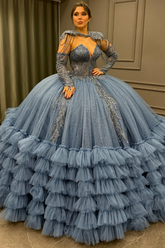 Ball Gown V Neck Sleeveless Detachable Sleeves & Shawl Beaded Sequins Appliques Ruffles Tiered Sparkly Blue Tulle Quinceanera Dress Birthday Party Dress For Sweet 16
