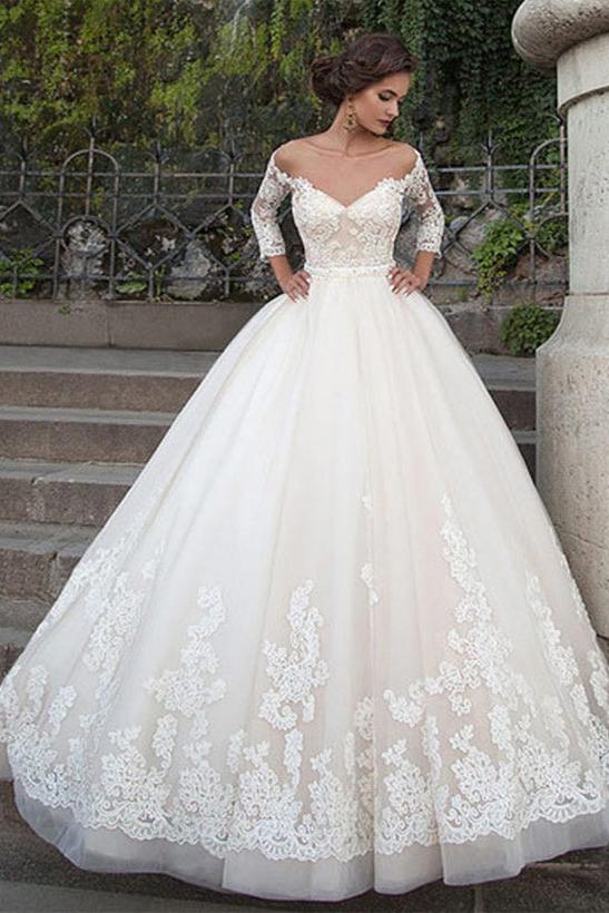 Ball Gown V Neck Tulle Lace Chapel Train Wedding Dress With Appliques Lace