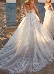 Ball Gown V neck Sleeveless Tulle Court Train Wedding Dress With Lace Appliques