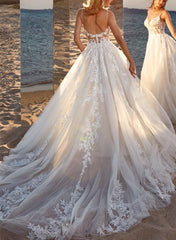 Ball Gown V neck Sleeveless Tulle Court Train Wedding Dress With Lace Appliques