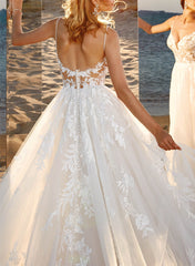Ball Gown V neck Sleeveless Tulle Court Train Wedding Dress With Lace Appliques