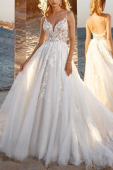 Ball Gown V neck Sleeveless Tulle Court Train Wedding Dress With Lace Appliques