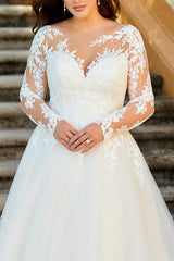 Ball Gown/Princess Illusion Neck Sweep Train Organza Plus Size Wedding Dress With Lace Appliques