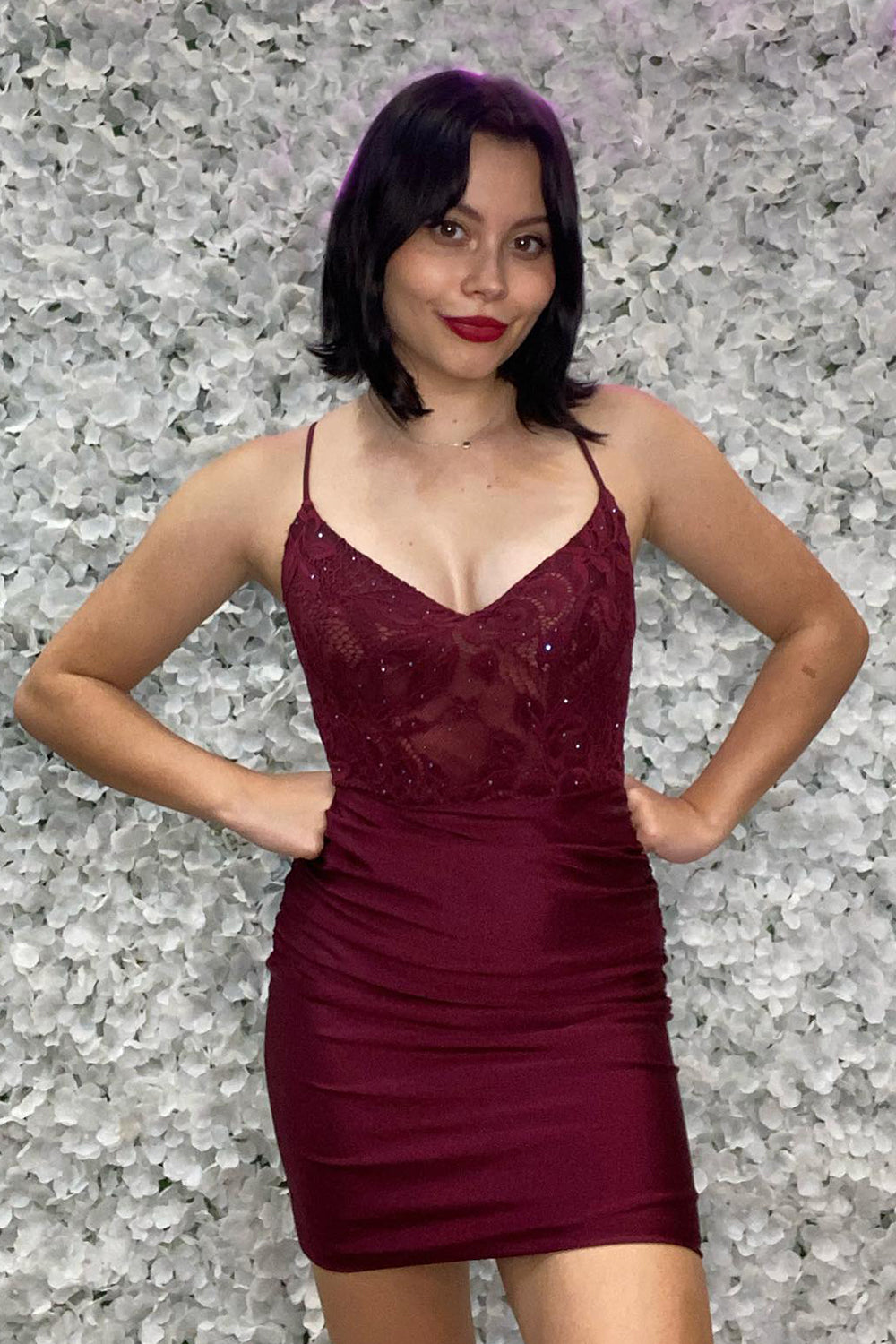 Beaded Burgundy Homecoming Dress Spaghetti Straps Tight Short Prom Dress