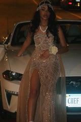 Beaded Formal Dress Strapless Sheath Wedding Party Dress with Panel Train