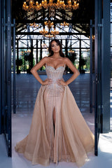 Beaded Formal Dress Sweetheart Chamapgne Panel Train Prom Evening Gown