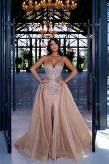 Beaded Formal Dress Sweetheart Chamapgne Panel Train Prom Evening Gown