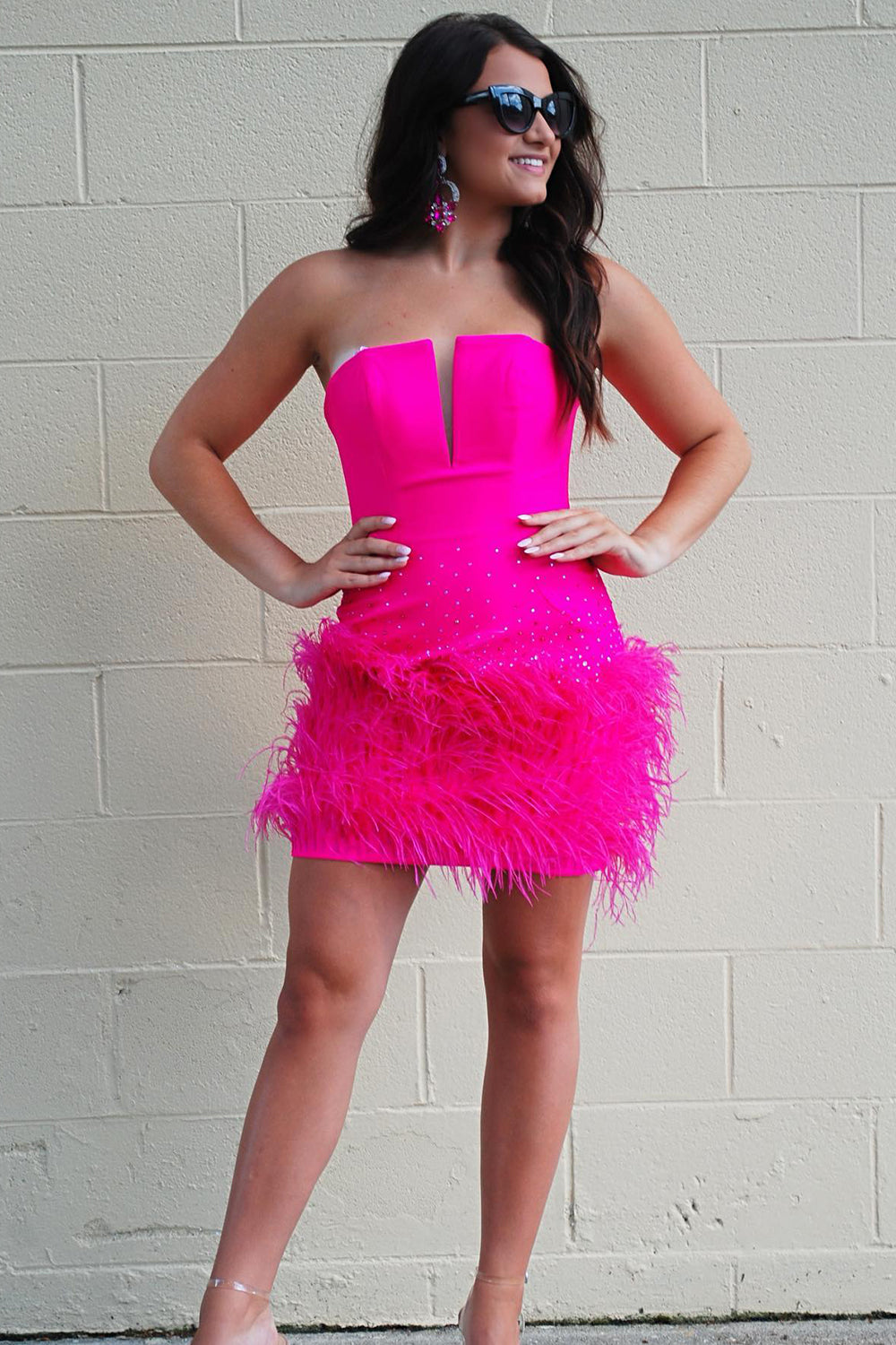 Beaded Fuchsia Homecoming Dress Bodycon Feathered Prom Dress