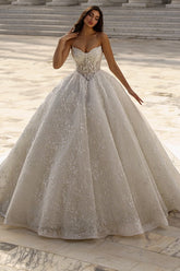 Beaded Lace Ball Gown Wedding Dress with Sheer Corset Bodice and Long Train