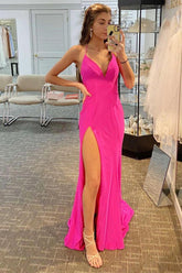 Beaded Prom Dress Hot Pink Halter Evening Dress with Slit
