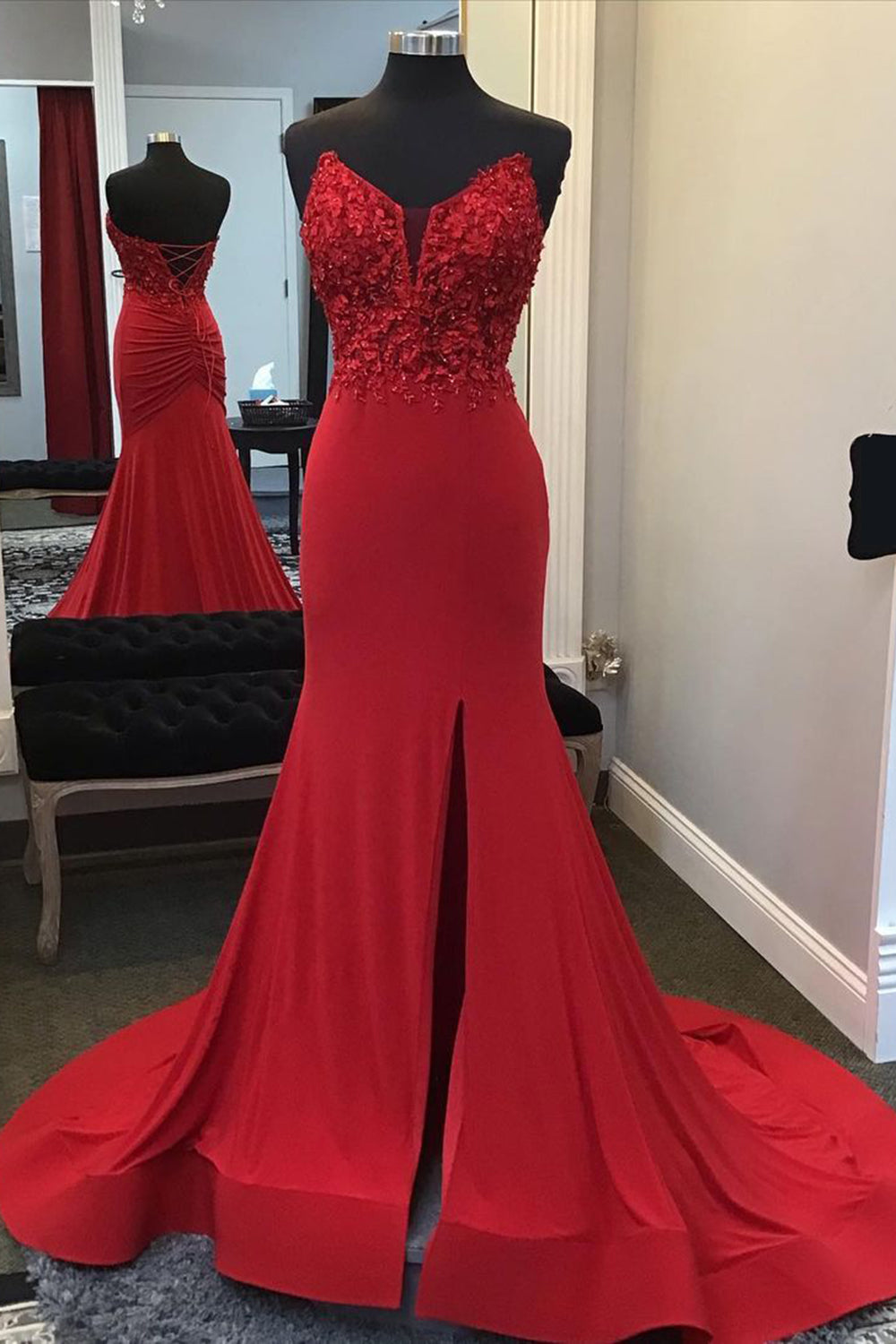 Beaded Prom Dress Red Mermaid Evening Dress with Appliques
