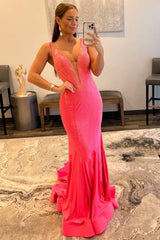 Beaded Prom Dress V-neck Purple Mermaid Evening Dress