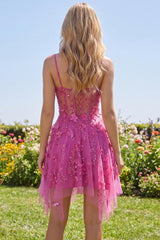 Beaded Short Sparkly Fuchsia A Line Corset Floral Homecoming Dress