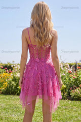 Fuchsia Floral Beaded A-Line Corset Short Homecoming Dress