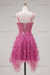 Fuchsia Floral Beaded A-Line Corset Short Homecoming Dress
