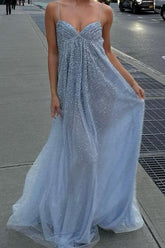 Grey blue beaded tulle A-line prom dress with spaghetti straps shown from the front