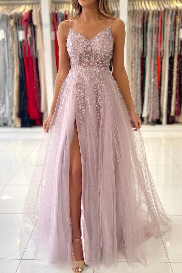 Beadings Spaghetti Strap Tulle A Line Evening Dress