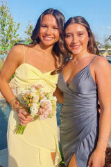 Beautiful A Line Spaghetti Straps Yellow Long Prom Dress With Split Front Formal Evening Gown