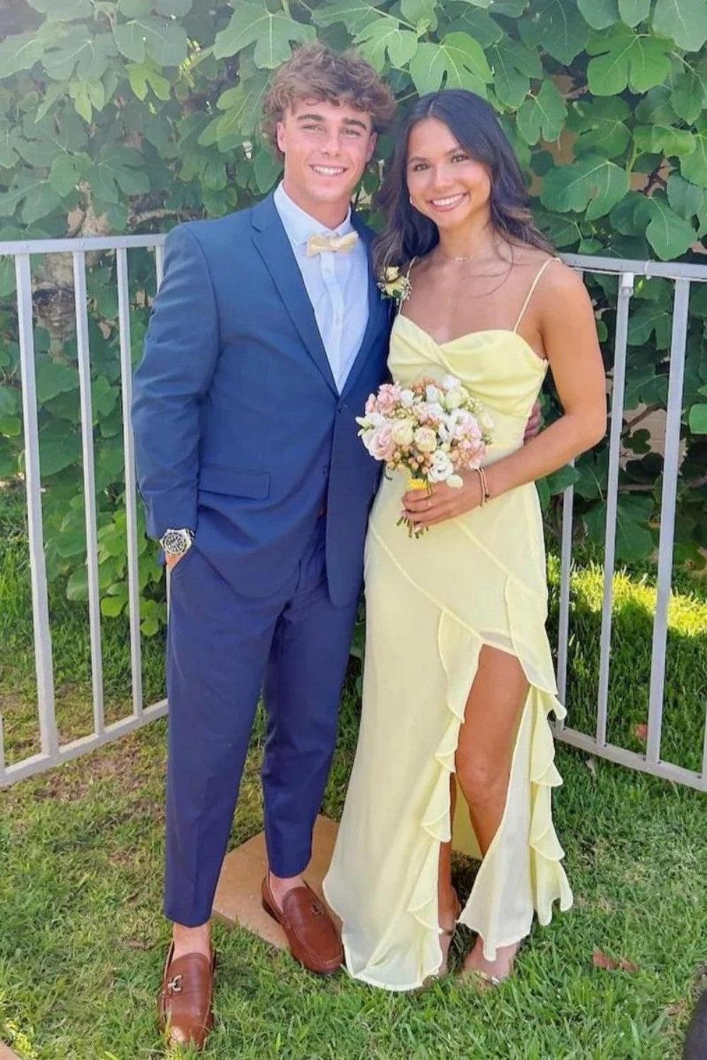 Beautiful A Line Spaghetti Straps Yellow Long Prom Dress With Split Front Formal Evening Gown