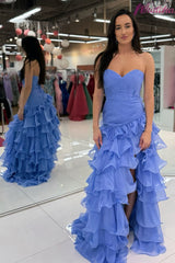 Beautiful Mermaid Sweetheart Blue Long Prom Dress With Ruffles Formal Evening Gown