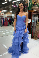 Beautiful Mermaid Sweetheart Blue Long Prom Dress With Ruffles Formal Evening Gown