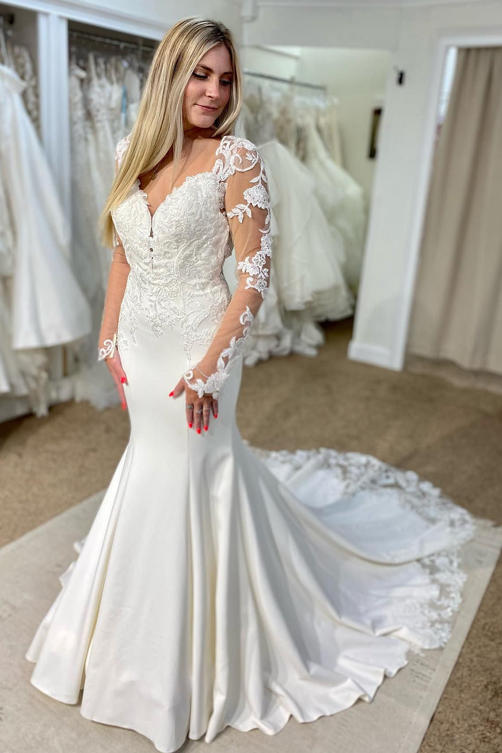 Beautiful White V-Neck Mermaid Long Sleeves Wedding Dress with Lace