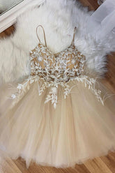 Beige Spaghetti Straps Cocktail Party Dresses With Appliques