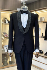 Black 3 Piece Men's Suit with Sequins Lapel