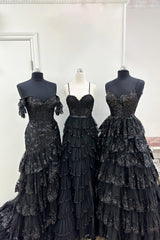 Black A Line Prom Dress Lace Long Evening Dress with Slit