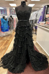 Black A Line Prom Dress Lace Long Evening Dress with Slit