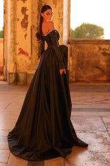 Black A Line Prom Dress Long Sleeve Off the Shoulder Beaded Formal Dress