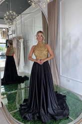 Black A Line Prom Dress Sleeveless High Neck Beaded Formal Dress