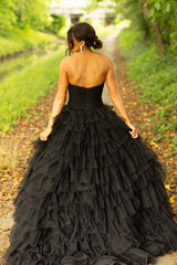 Black A Line Prom Dress Strapless Tiered Tulle Long Evening Dress with Keyhole