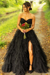 Black A Line Prom Dress Strapless Tiered Tulle Long Evening Dress with Keyhole