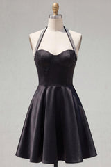 Black A Line Short Halter Homecoming Dress with Beading