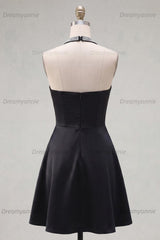 Black Halter Beaded A-Line Short Homecoming Dress