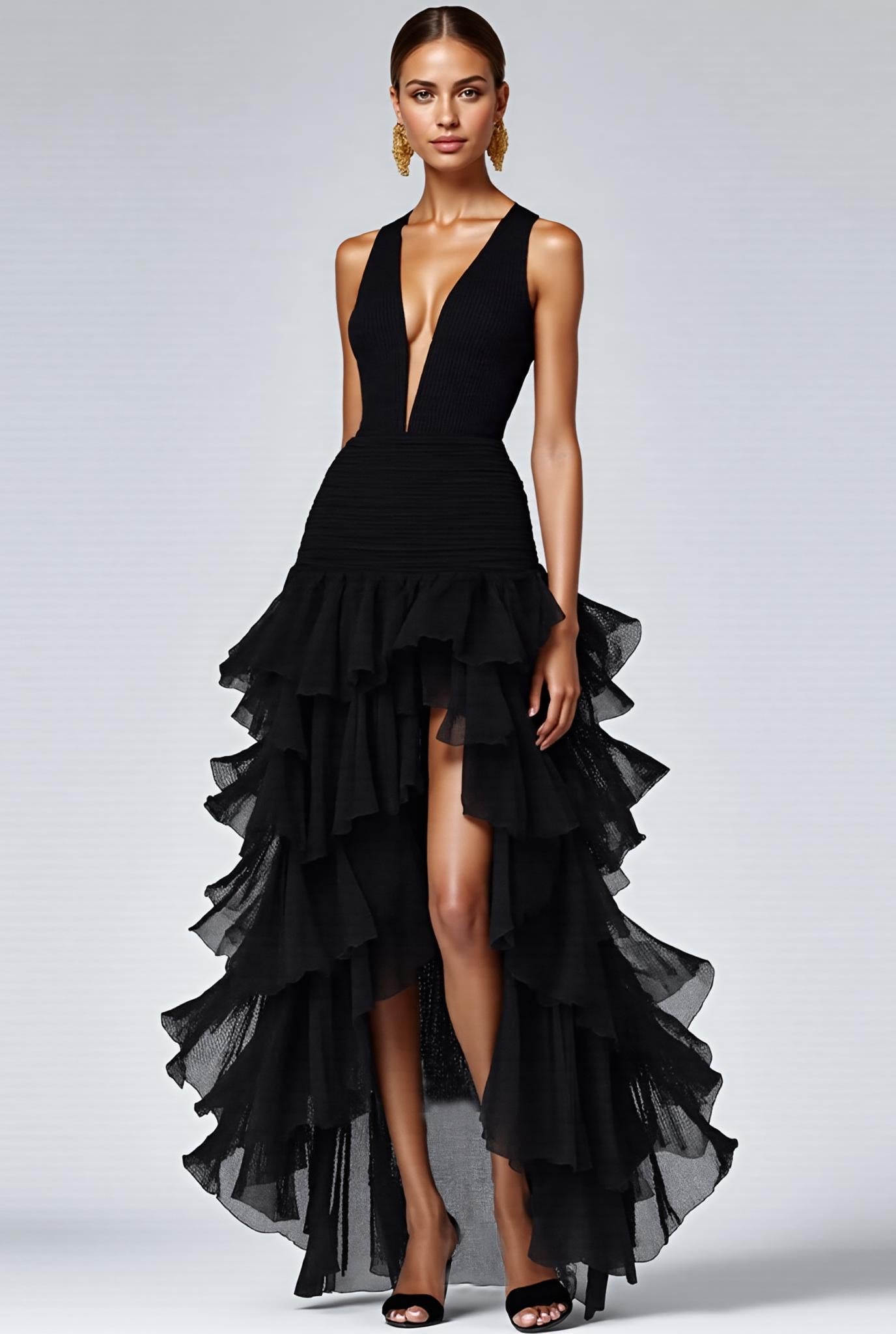 Black A Line V-Neck Tiered Sleeveless Long Prom Dress With Slit