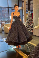 Black Ball Gown Prom Dress Sleeveless Spaghetti Straps Tea Length Sequined Formal Dress