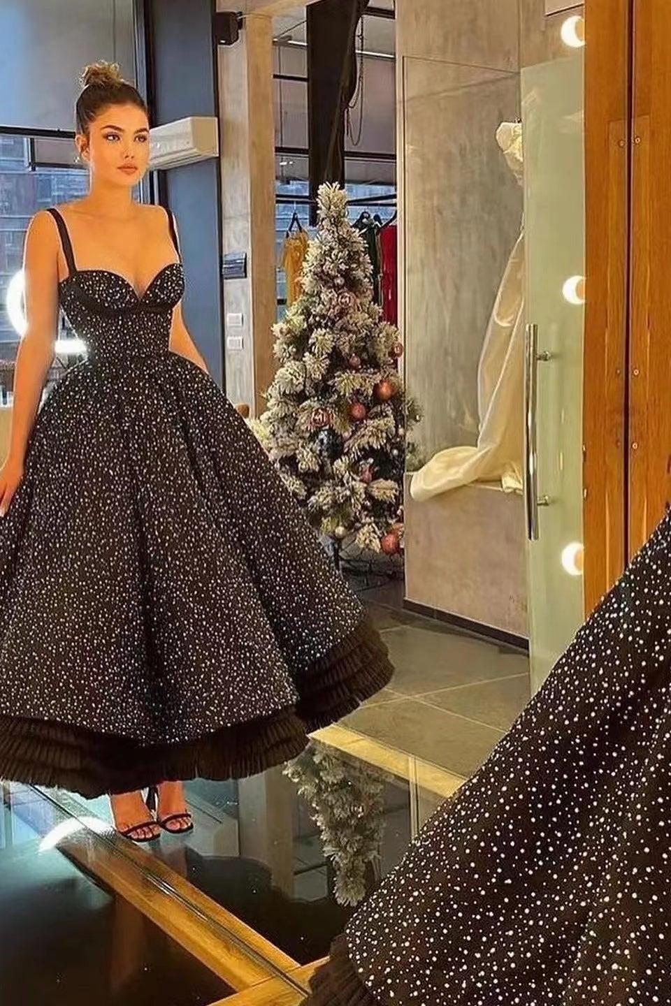 Black Ball Gown Prom Dress Sleeveless Spaghetti Straps Tea Length Sequined Formal Dress